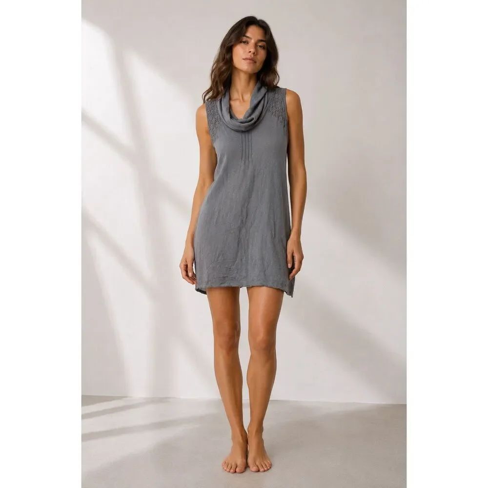 European Street One Gray Cowl Neck Lace Sleeveless Mini Dress Tunic Women Size L